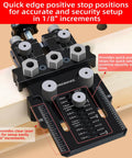 Dowel Jig Kit With Quick Positive Stop And Clamp, Adjustable Doweling Jig showing laser scales and bushings on wood surface.