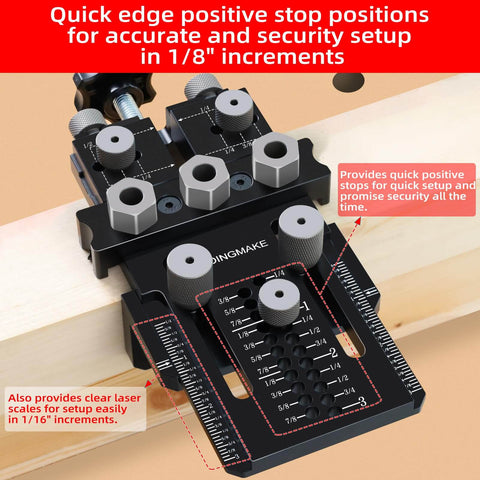 Dowel Jig Kit With Quick Positive Stop And Clamp, Adjustable Doweling Jig showing laser scales and bushings on wood surface.