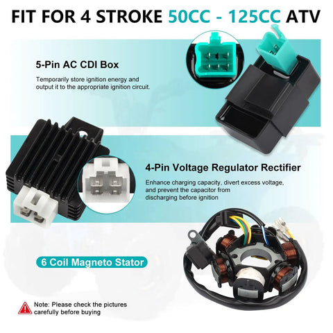 All In One ATV Wiring Harness Kit For 50cc 70cc 90cc 110cc 125cc Quads And Go Karts With 6 Pole Stator CDI Spark Plug Relay components overview