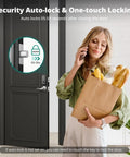 Slick Fingerprint Keyless Entry Door Lock With Sturdy Lever Handle Set In Brushed Nickel Finish, featuring auto-lock and one-touch locking.