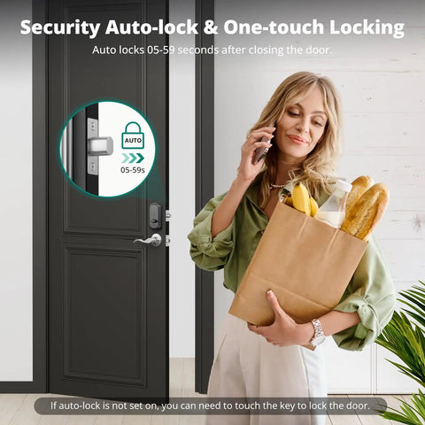 Slick Fingerprint Keyless Entry Door Lock With Sturdy Lever Handle Set In Brushed Nickel Finish, featuring auto-lock and one-touch locking.