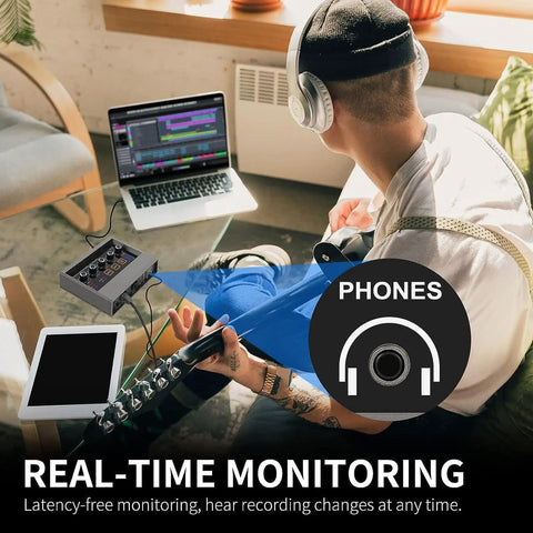 Person using USB Audio Interface for PC With Touch Control, XLR Inputs With Preamps, headphones, and laptop for recording