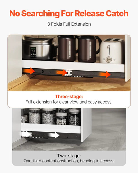 Diagram showing 3-stage full extension Undermount Heavy Duty Drawer Slides Full Extension Ball Bearing 260 Lb Load Capacity.