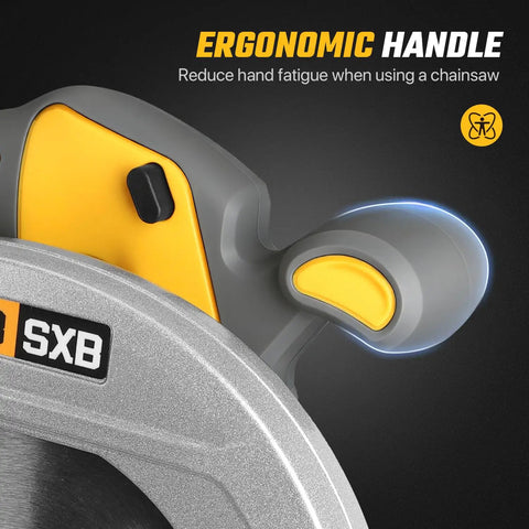 Ergonomic handle detail of Heavy Duty Workhorse 7 Inch Brushless Cordless Circular Saw With Right Bevel Design And 8000 Rpm Spin.
