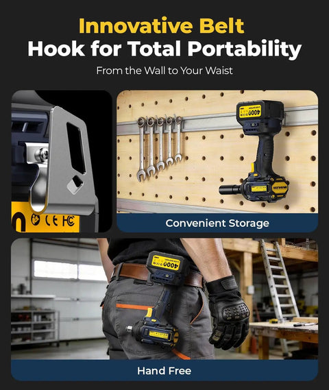 Cordless Impact Wrench With 1200 Newton Meters Breakaway Torque Half Inch Drive Brushless 21 Volt Power Tool Two 4Ah Batteries Four Speed Settings Five Sockets Heavy Duty Impact Driver For Cars Trucks Mowers on belt clip and tool wall