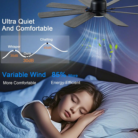 Girl sleeping under 52 Inch Flush Mount Ceiling Fan With Light Easy Remote Or App Control Eight Blades Noiseless DC Motor Low Profile