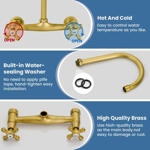 Antique Brass Wall Mount Kitchen Faucet With 8 Inch Center, 360 Degree Swivel Spout, dual handles, and sealing washer