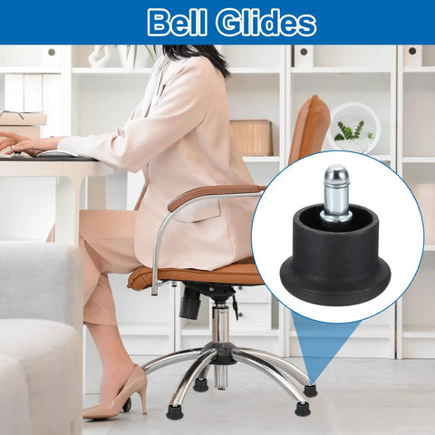 Heavy Duty Low Profile Bell Glides 10 Pack Office Chair Replacement Feet showing smooth nylon metal build under chair at desk.