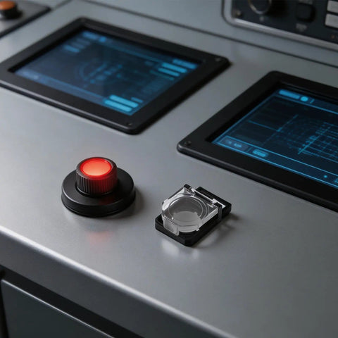 Two Pack Emergency Stop Button Cover Set With Transparent Safety Guard on control panel for 22mm button in industrial setting