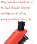 Close-up of a nylon brush with black bristles and red plastic handle. Ideal for Three Piece Nylon Cleaning Brush Set For Rust Removal In Holes And Tight Spaces Durable Plastic Handles Non Marring Bristles Heavy Duty Grime Busting Cleaning For Rust And Dirt In Small Crevices.