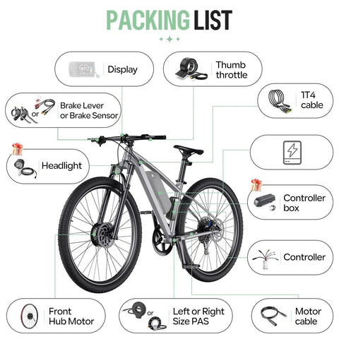 Packing list of 48V 500W Front Hub Ebike Motor Conversion Kit With Battery And Display For 20 26 And 700C Wheels, components labeled.