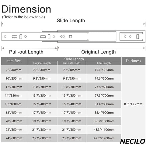 8 Inch Ball Bearing Drawer Slides 100Lb Full Extension Side Mount Pair For Heavy Duty Kitchen Cabinets And Workshop Drawers, Premium Steel With Galvanized Finish, Rust Resistant, 100000 Pull Out Cycles, Smooth Quiet Operation size chart and dimensions