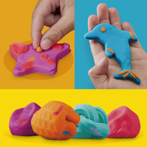 Forty Two Pack Bulk Mini Modeling Compound Cans For Creative Kids And Rad Little Legends showcasing colorful clay sculptures and creations.