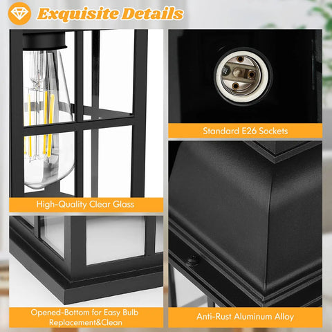 Close-up of 2 Pack Outdoor Wall Light Fixtures, Waterproof Aluminum Black Sconces with Cross Grid Glass, E26 socket shown