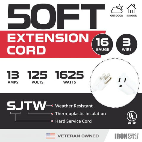 Weatherproof 50 Ft Outdoor Extension Cord White 16 Gauge 3 Conductor SJTW Heavy Duty 3 Prong 13 Amp Exterior Power Cable chart
