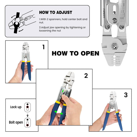 How to adjust and open Heavy Duty Wire Rope Crimping Tool Kit For 2.0mm Cable With Aluminum Ferrule Sleeves 160 Pieces 4 Sizes And Stainless Steel Thimble Assortment 10 Pieces For Marine Rigging And DIY Projects