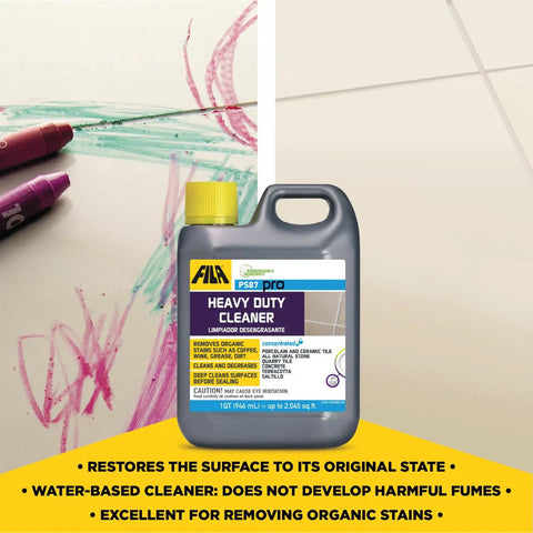 Bottle of Grime Busting Heavy Duty Floor Cleaner and Degreaser for Porcelain Ceramic Natural Stone showing label and specifications.