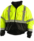 Three Way Class 3 Reflective Bomber Jacket With Roll Away Hood Waterproof 100 Percent Polyester Oxford With Sealed Seams 2 Inch Silver Reflective Tape Zipper Closure Black With Yellow Accents X Large
