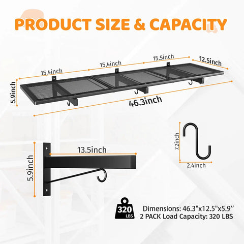 Two Pack Heavy Duty Garage Wall Shelves Set Wall Mounted Floating Storage Racks 320 Lbs Load Capacity Black Industrial Shelves For Basement Shop Shed Easy Install Built Tough Steel Construction, 46.3 x 12.5 x 5.9 in steel shelf