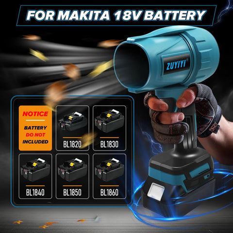 Compact Dope Jet Dry Blower Turbofan For Makita 18V Battery Cordless Handheld Brushless Leaf Blower shown with battery options