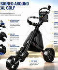 Lightweight Three Wheel Golf Push Cart With Quick Fold Frame Wide Eva Wheels For Slick Fairway Cruising, showing integrated phone and storage features.