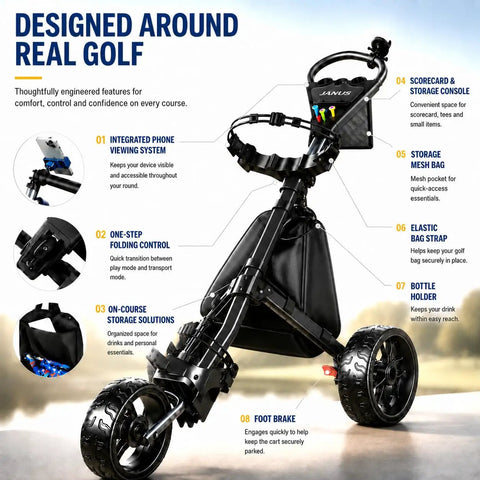 Lightweight Three Wheel Golf Push Cart With Quick Fold Frame Wide Eva Wheels For Slick Fairway Cruising, showing integrated phone and storage features.