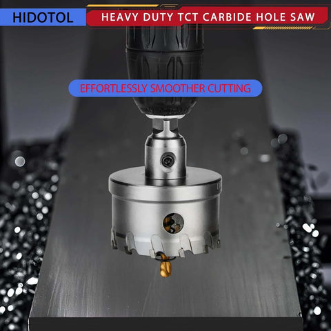 Front view of HIDOTOL 20pc TCT carbide hole saw kit; metal hole saw mounted on a drill cutting a metal sheet.