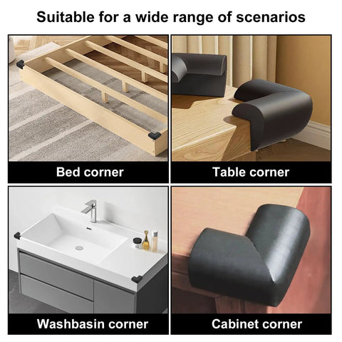 Built Tough Yet Soft Black Foam Corner Protectors Four Pack Pre Taped Rubber Edge Guards For Beds Tables And Desks displayed on various furniture corners.