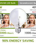 8 Pack G25 LED Globe Light Bulbs Daylight 5000K 120V 40W Equivalent Vanity Light Beams showing energy saving vs incandescent comparison