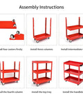 Three Tier Metal Rolling Tool Cart Heavy Duty Utility Cart With Easy Roll Wheels And Handy Handle, Portable Garage Shop Organizer For Tools And Parts, Durable Steel Construction, Large Capacity, Smooth Push Pull Mobility assembly steps