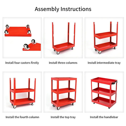 Three Tier Metal Rolling Tool Cart Heavy Duty Utility Cart With Easy Roll Wheels And Handy Handle, Portable Garage Shop Organizer For Tools And Parts, Durable Steel Construction, Large Capacity, Smooth Push Pull Mobility assembly steps