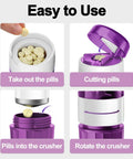 3 In 1 Pill Crusher With Cutter And Storage Box Fine Powder Grinder With Brush Easy One Hand Use; pill processing steps.