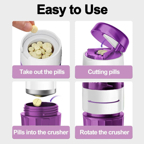 3 In 1 Pill Crusher With Cutter And Storage Box Fine Powder Grinder With Brush Easy One Hand Use; pill processing steps.
