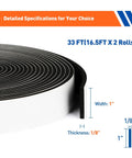 No Brainer Weather Stripping Door Seal With 1 Inch Wide By 1/8 Inch Thick Adhesive Foam Tape Soundproof Window Weatherstripping Two Rolls For A Total Of 33 Feet Black, product dimensions diagram displayed next to coiled foam tape.