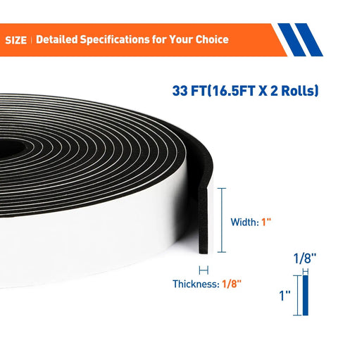 No Brainer Weather Stripping Door Seal With 1 Inch Wide By 1/8 Inch Thick Adhesive Foam Tape Soundproof Window Weatherstripping Two Rolls For A Total Of 33 Feet Black, product dimensions diagram displayed next to coiled foam tape.