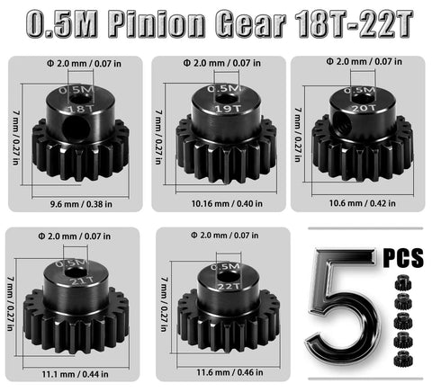 Pinion Gear Set 18T 19T 20T 21T 22T For RC Cars 0.5 Mod 2mm Shaft Durable Steel Built To Last With Five Gears And Grub Screws