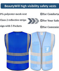 Top Shelf Mesh Safety Vest Class Two High Visibility Reflective Work Gear Featuring Heavy Duty Pockets And Fully Customizable Branding For Job Sites Royal Blue, back and front view showing reflective strips and pockets.