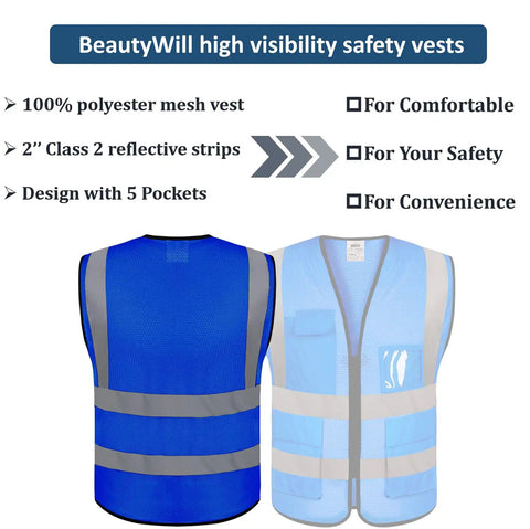 Top Shelf Mesh Safety Vest Class Two High Visibility Reflective Work Gear Featuring Heavy Duty Pockets And Fully Customizable Branding For Job Sites Royal Blue, back and front view showing reflective strips and pockets.