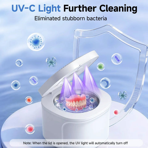 Ultrasonic Denture Cleaner Pod 45kHz With Digital Timer 200ml 4 Modes For Dentures Aligners Night Guards Mouth Guards Toothbrushes And Jewelry Pro Grade Deep Clean For All Dental Appliances, UV-C lid open