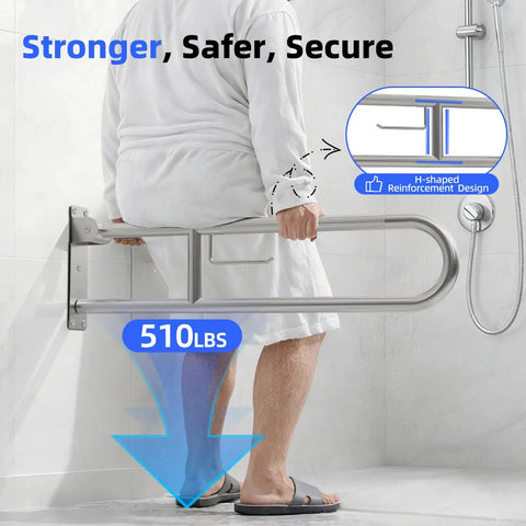 Built Tough 304 Stainless Steel Bathroom Grab Bar With Heavy Duty 510 Lb Capacity Fold Up Anti Slip Toilet Safety Rail And Rustproof Wall Mount Support For Seniors in bathroom next to shower.