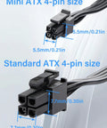 ATX Mini 4 Pin To Dual SATA 15 Pin Adapter Extension Cable For Mechanical HDDs SSDs And Optical Drives Seventeen Point Nine Inch Length, black 20AWG cable, mini and standard ATX 4-pin size comparison