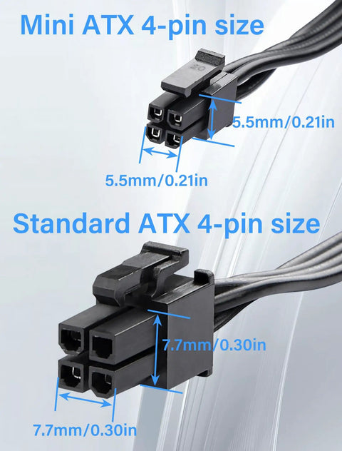 ATX Mini 4 Pin To Dual SATA 15 Pin Adapter Extension Cable For Mechanical HDDs SSDs And Optical Drives Seventeen Point Nine Inch Length, black 20AWG cable, mini and standard ATX 4-pin size comparison