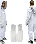 Side and back view of XXL bee suit and veil with beekeeper gloves from 13 Piece Bee Hives Starter Kit With XXL Bee Suit And Veil Smoker Tools Feeder Tote Gloves And Beginner Friendly Gear For Backyard Beekeeping And Hobbyists.