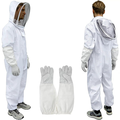 Side and back view of XXL bee suit and veil with beekeeper gloves from 13 Piece Bee Hives Starter Kit With XXL Bee Suit And Veil Smoker Tools Feeder Tote Gloves And Beginner Friendly Gear For Backyard Beekeeping And Hobbyists.