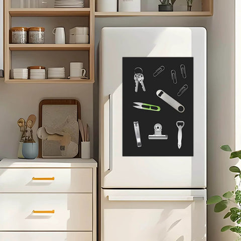 Non Adhesive Magnetic Sheets, Eight And A Half By Eleven Inches, Six Pack, holding tools on a fridge in a kitchen setting