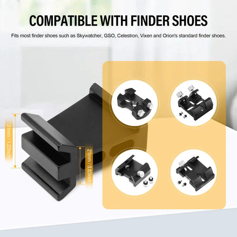 Dovetail Finder Bracket For Finderscopes And Red Dot Sights, all-metal, compatibility with various finder shoes and dimensions shown.