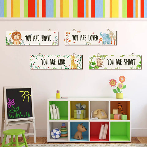 4 Piece Baby Nursery Wall Art Set Unframed Woodland Animal Prints With Inspirational Quotes for boys and girls in bedroom decor
