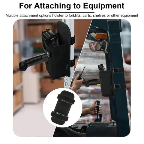 Rugged Barcode Scanner Holster With Ballistic Nylon Carrying Case For MC3300 attached to forklift with fastener straps.