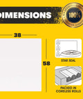 Dimensions illustration of Hella Heavy Duty 60 Gallon Clear Trash Bags, 38X58 Inch, showing star seal and coreless roll packing.