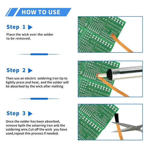 Instruction guide showing PCB repair using 10 Pack Pro Grade No Clean Solder Wick Desoldering Braid With Flux For PCB Repairs, Great For DIYers